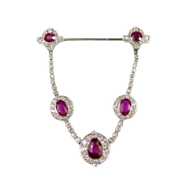 Burma ruby and diamond cluster swag pendant brooch